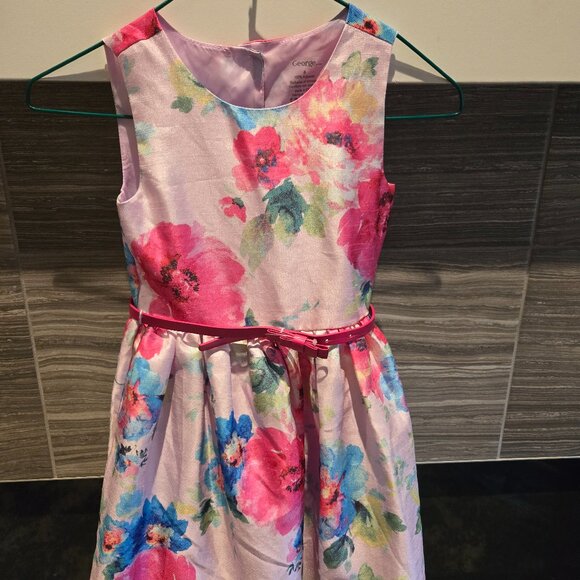 George Girls Size 6 Pink Floral Satin Party Dress Sleeveless Sash Belt - Picture 1 of 2